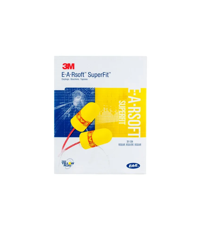 3M™ E-A-Rsoft™ SuperFit™ Earplugs, Corded, Poly Bag, Regular Size, 200 Pair/Box