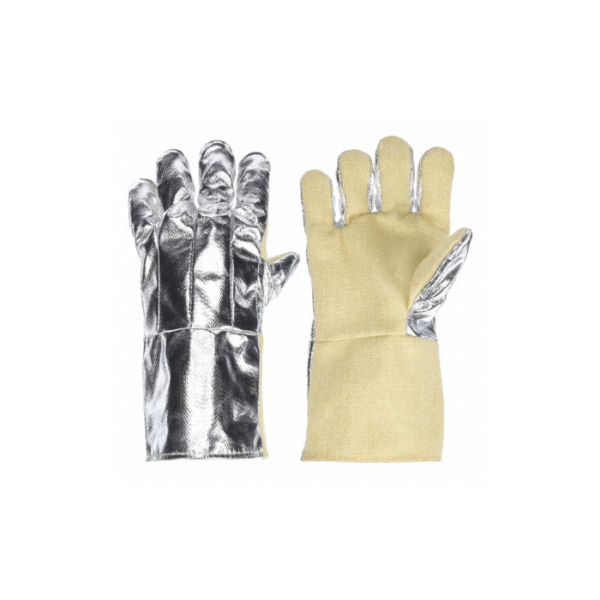 NSA 14" straight thumb aluminized rayon back gloves offer abrasion-resistant, with leather palm.