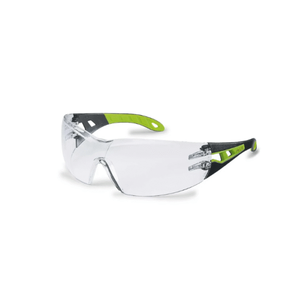 UVEX Safety Pheos Spectacles, Black/ Green Frame, Anti Fog Inside, Clear Lens