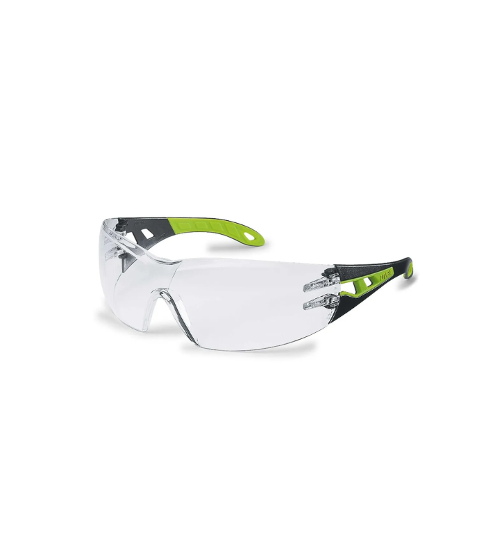 UVEX Safety Pheos Spectacles, Black/ Green Frame, Anti Fog Inside, Clear Lens