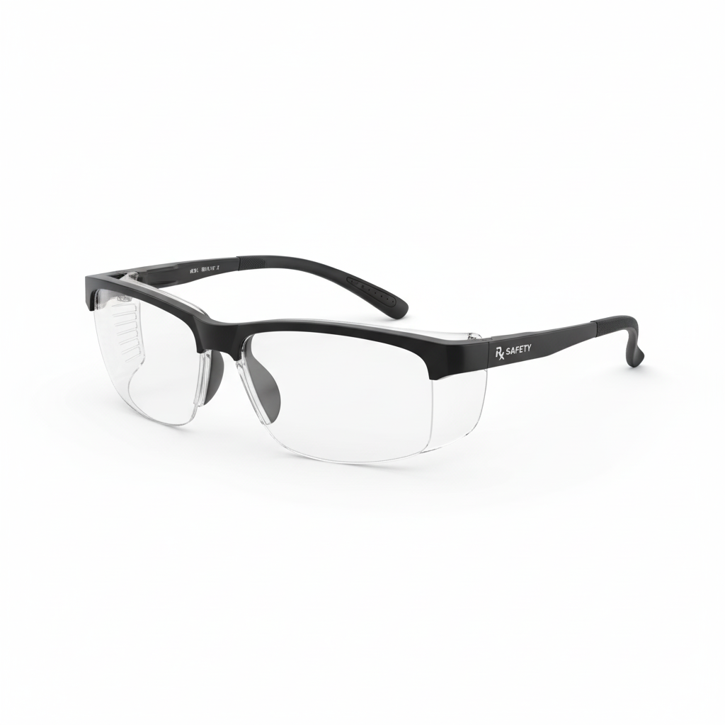 Stylish prescription safety glasses with clear lenses and black or dark colored frames, meeting safety standards, displayed on a white background.