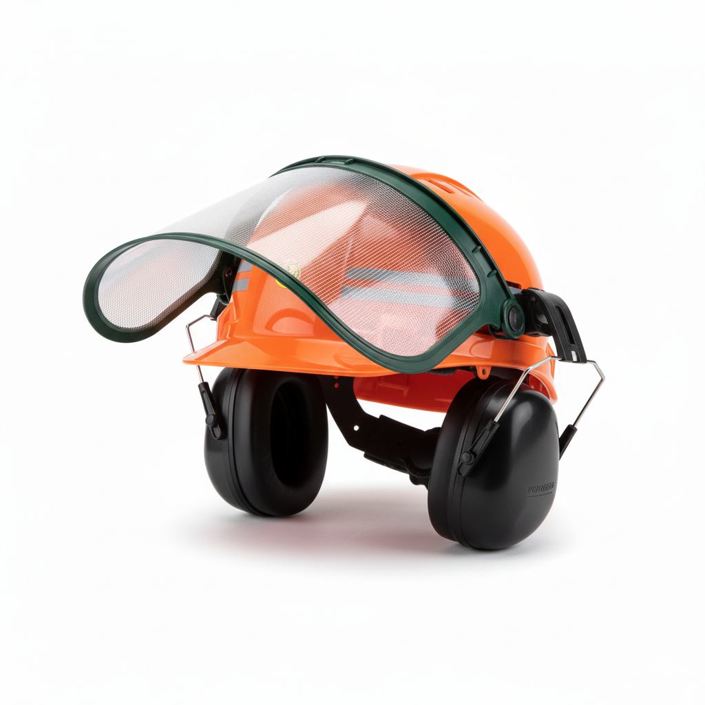 An orange industrial safety helmet (hard hat) equipped with clip-on hearing protection earmuffs and an attached clear or mesh face shield, demonstrating integrated head protection accessories, displayed on a pure white background.