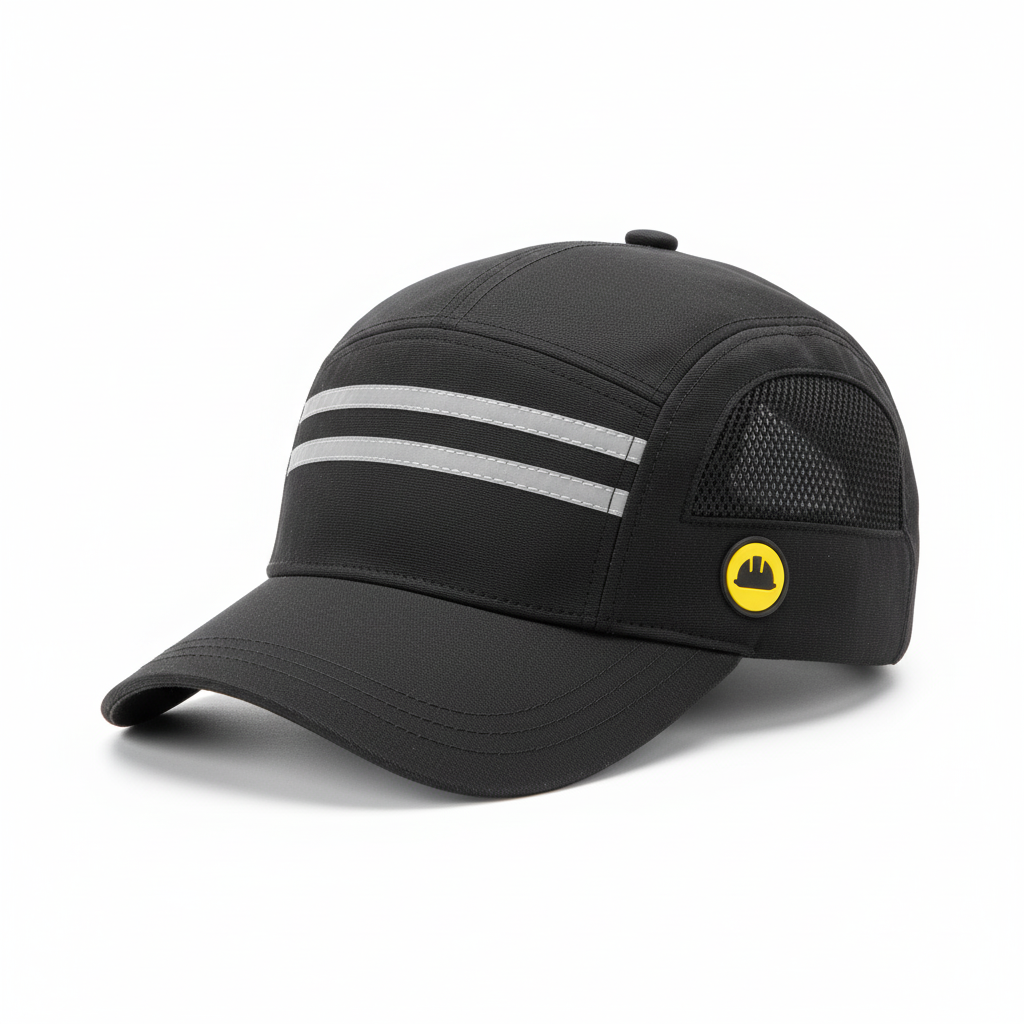 A black or navy blue baseball cap-style bump cap with an internal protective shell, designed to guard against minor head bumps and scrapes, displayed on a pure white background.