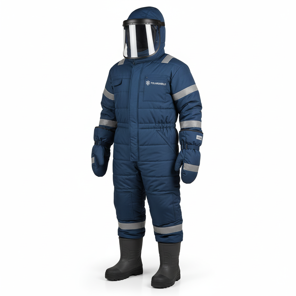 A heavy-duty, blue or gray insulated jacket and bib overalls with reflective accents, along with thick gloves and a thermal hood, designed for cryogenic or cold storage work, displayed on a white background.
