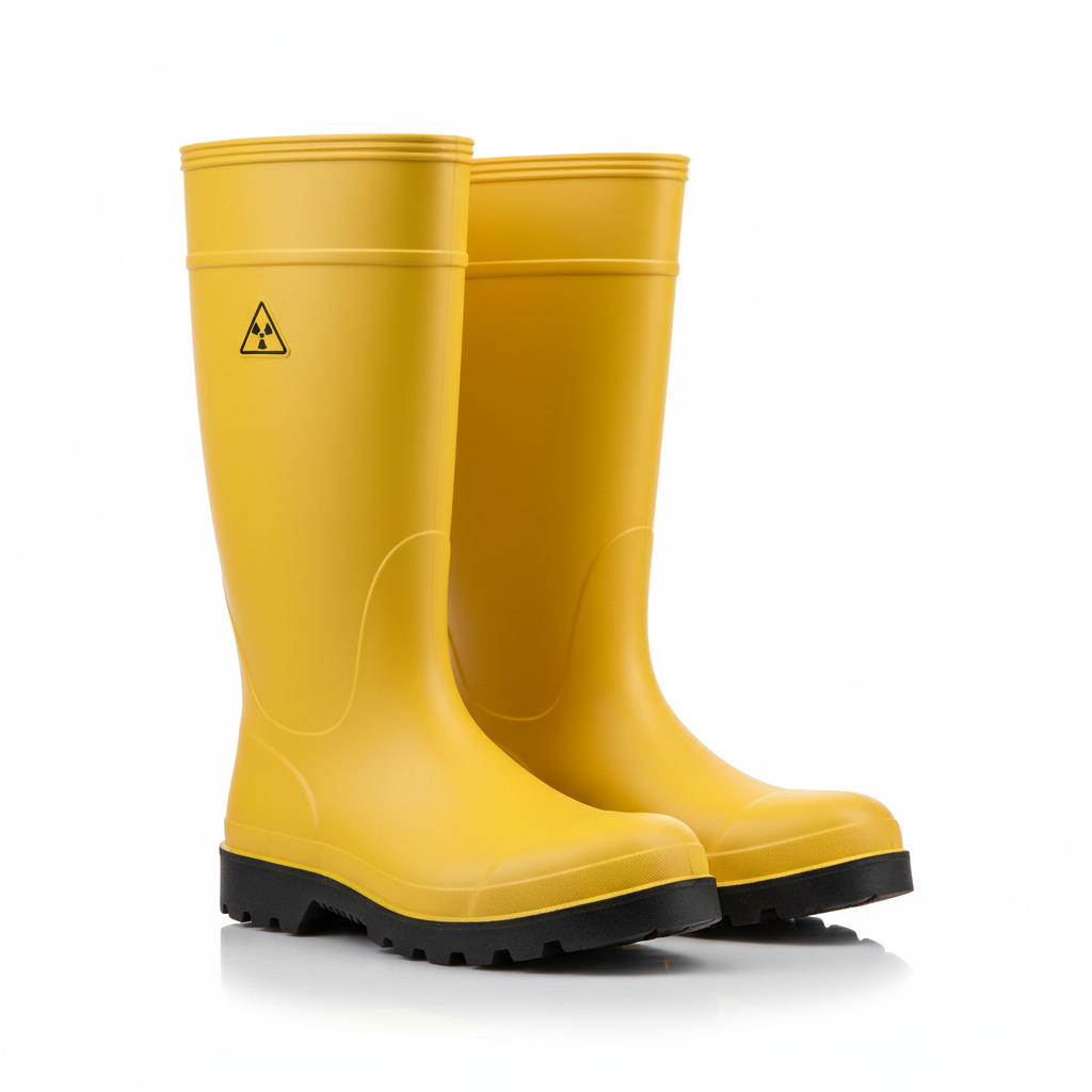 Yellow or white knee-high rubber chemical resistance boots (gumboots) with heavy treads and smooth material, ideal for industrial clean-up, on a white background.
