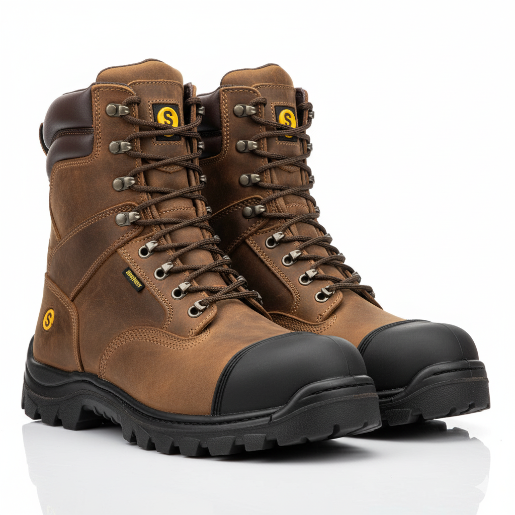 Pair of heavy-duty, brown or black leather safety work boots with high ankle support, steel toe protection, and rugged treads, presented on a white background.