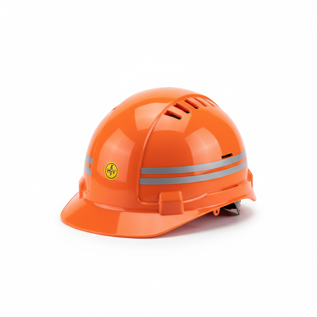 A modern, lightweight industrial safety helmet with an integrated chin strap and possibly side slots for accessories (earmuffs/visors), typically red or yellow, displayed on a pure white background.