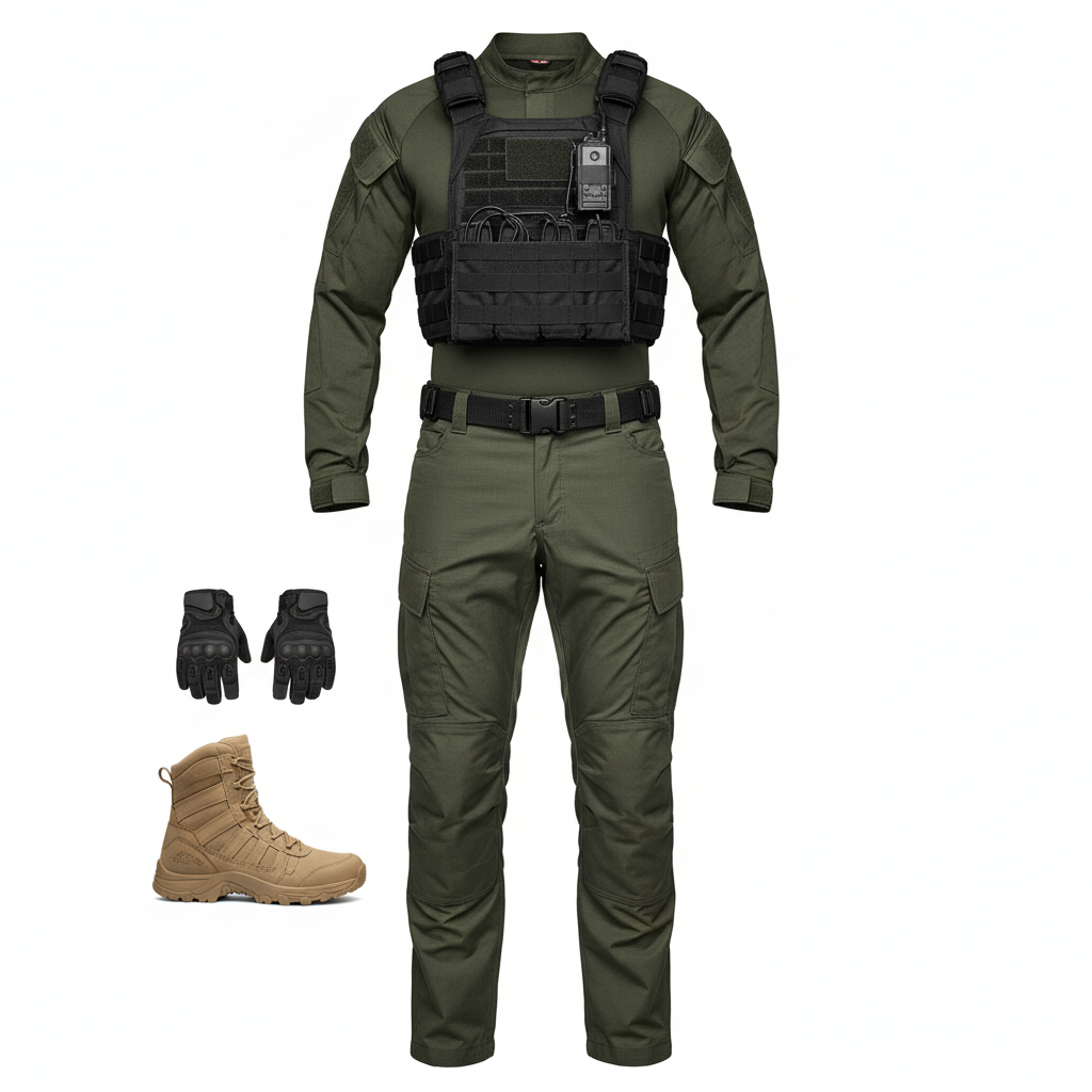 A pair of durable, dark tactical pants and a coordinating tactical shirt, featuring ripstop material, extra pockets, and reinforced knees, displayed on a pure white background.