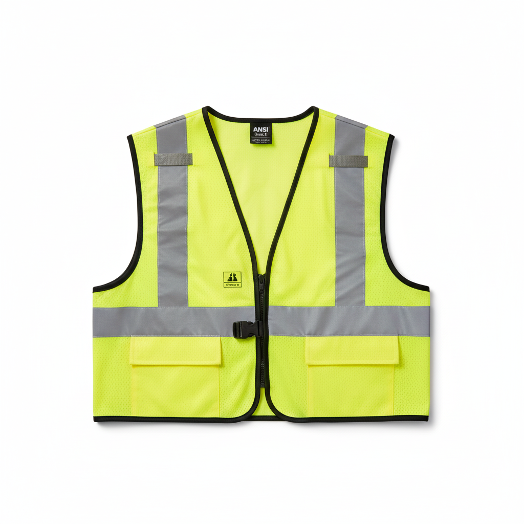 A bright neon yellow or orange high visibility safety vest with reflective silver stripes, fully compliant with ANSI standards, displayed on a pure white background.