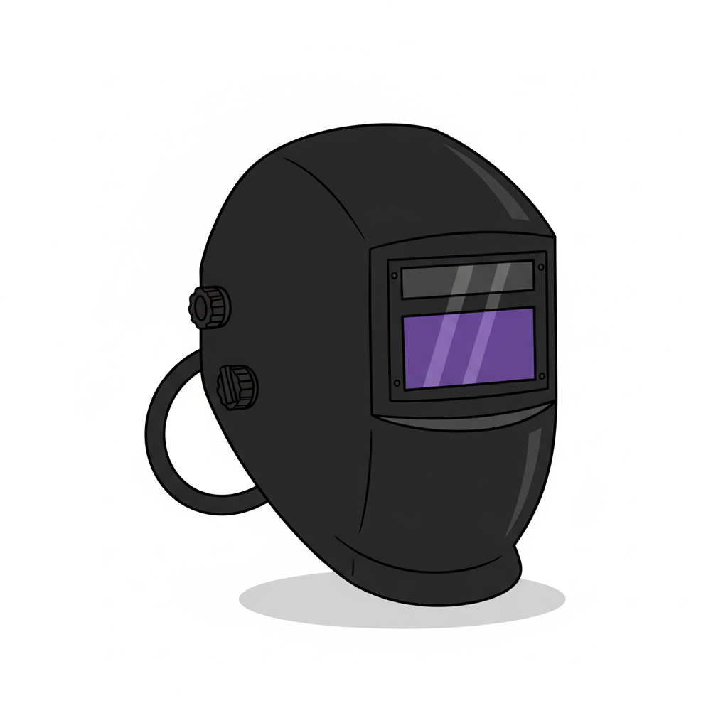 Black auto-darkening welding helmet with a front viewing window, shown on a pure white background.