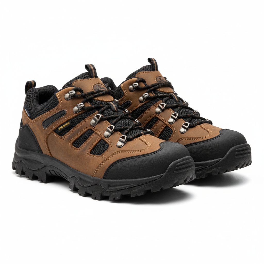Pair of brown or dark-colored outdoor safety shoes with reinforced toes, robust lacing, and aggressive multi-directional treads, suitable for varied terrains, on a white background.