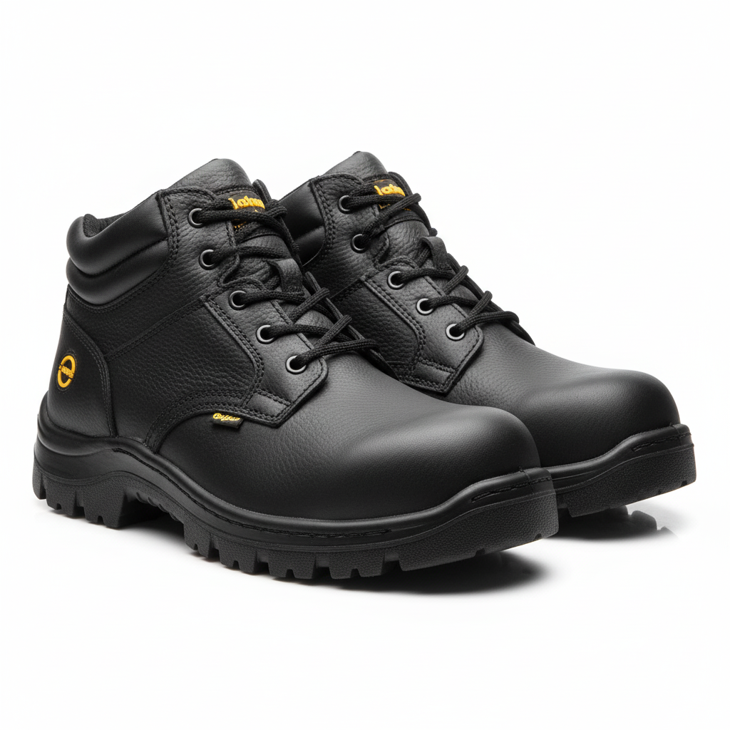 Pair of heavy-duty black leather safety shoes with steel toe caps and slip-resistant soles, photographed on a pure white background.