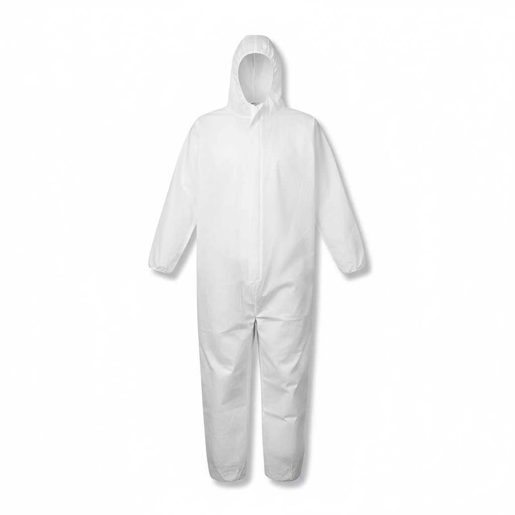 A full-length, white disposable protective coverall suit with a hood, elastic cuffs, and zippered front, used for general protection, displayed on a clean white background.