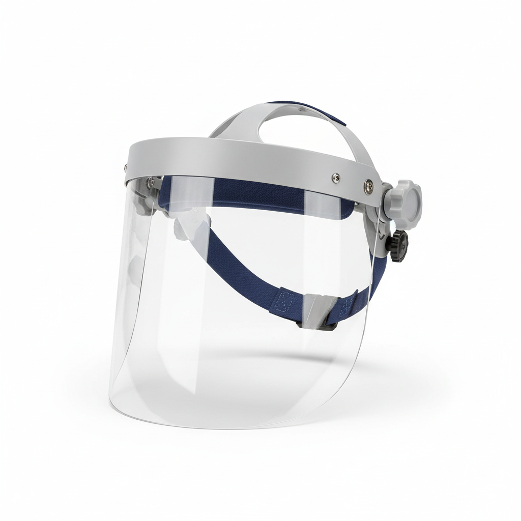 A clear plastic face shield with a gray adjustable headband and a blue strap, providing full-face protection, on a white background.