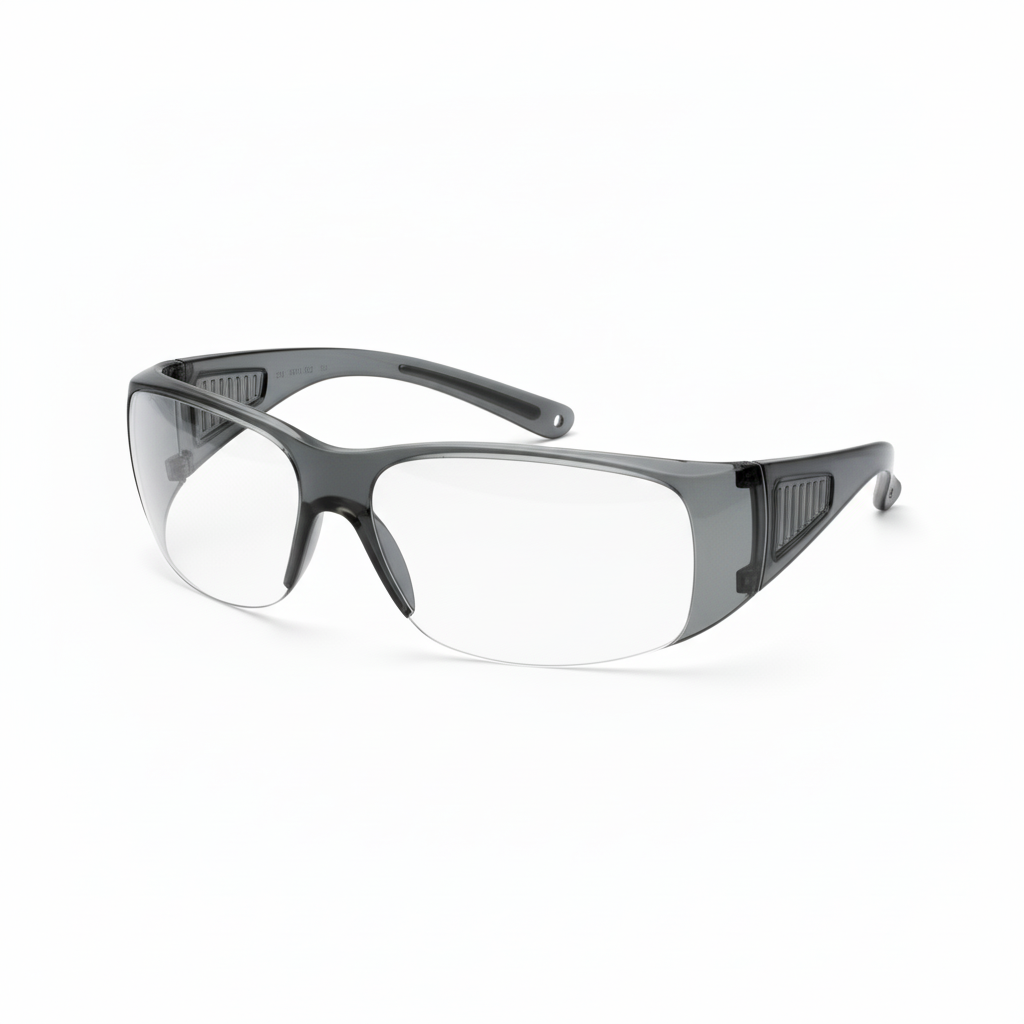 Clear wraparound safety glasses with gray frames on a white background.