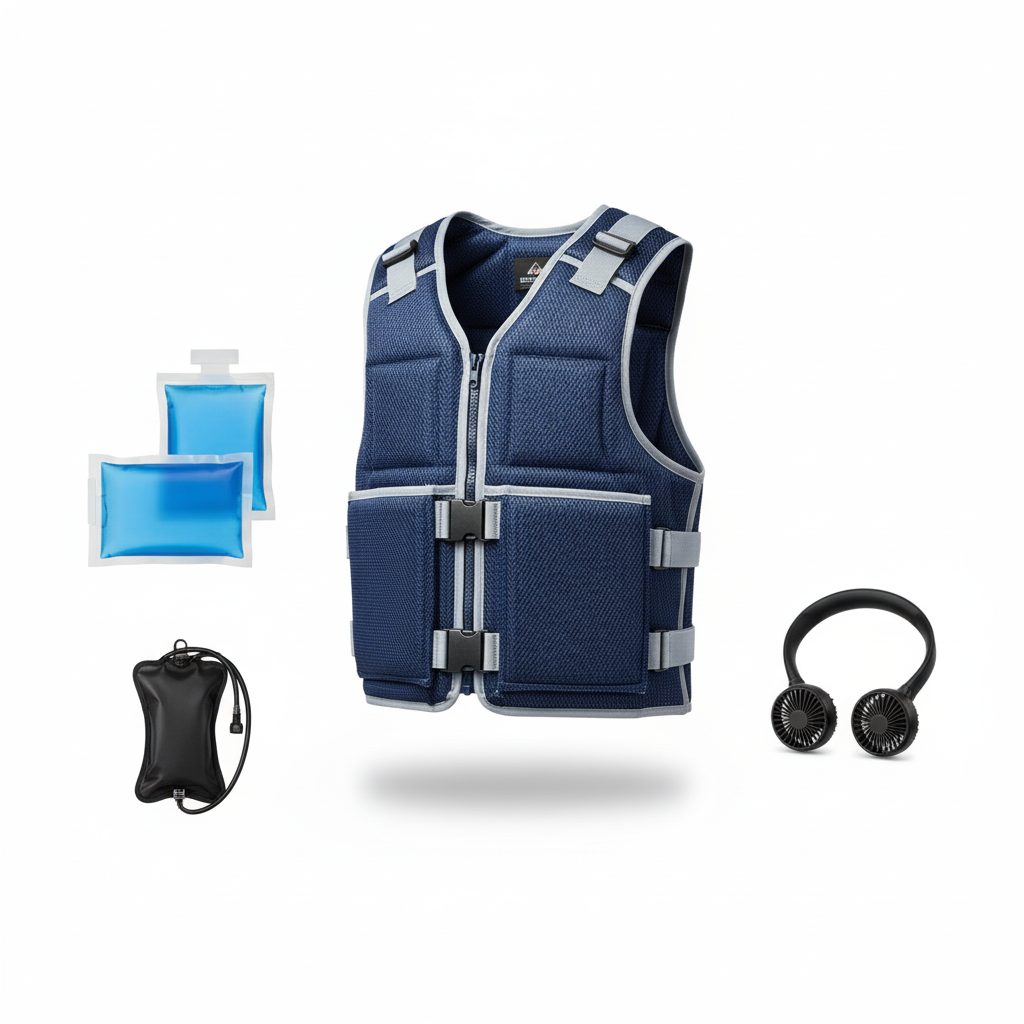 A blue or gray evaporative cooling vest with black trim, shown alongside several internal cooling packs (either frozen or soaked), all on a white background.