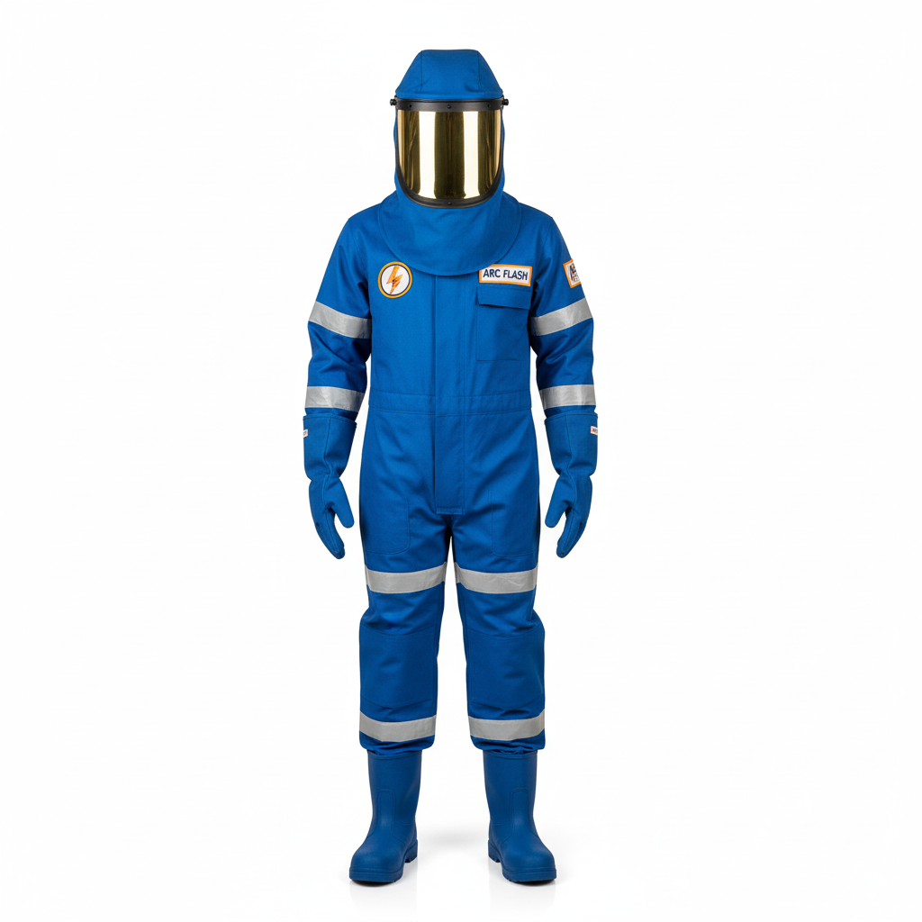 A full blue Arc Flash Protection Suit, including a long-sleeved jacket or coverall, hood with gold-tinted face shield, heavy-duty gloves, and electrical-hazard boots, all displayed on a pure white background.