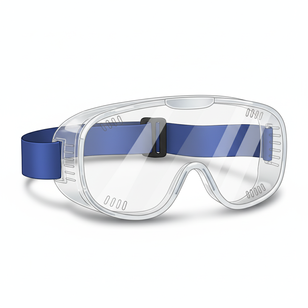 Clear chemical splash safety goggles with an elastic headband and indirect ventilation ports, isolated on a white background.