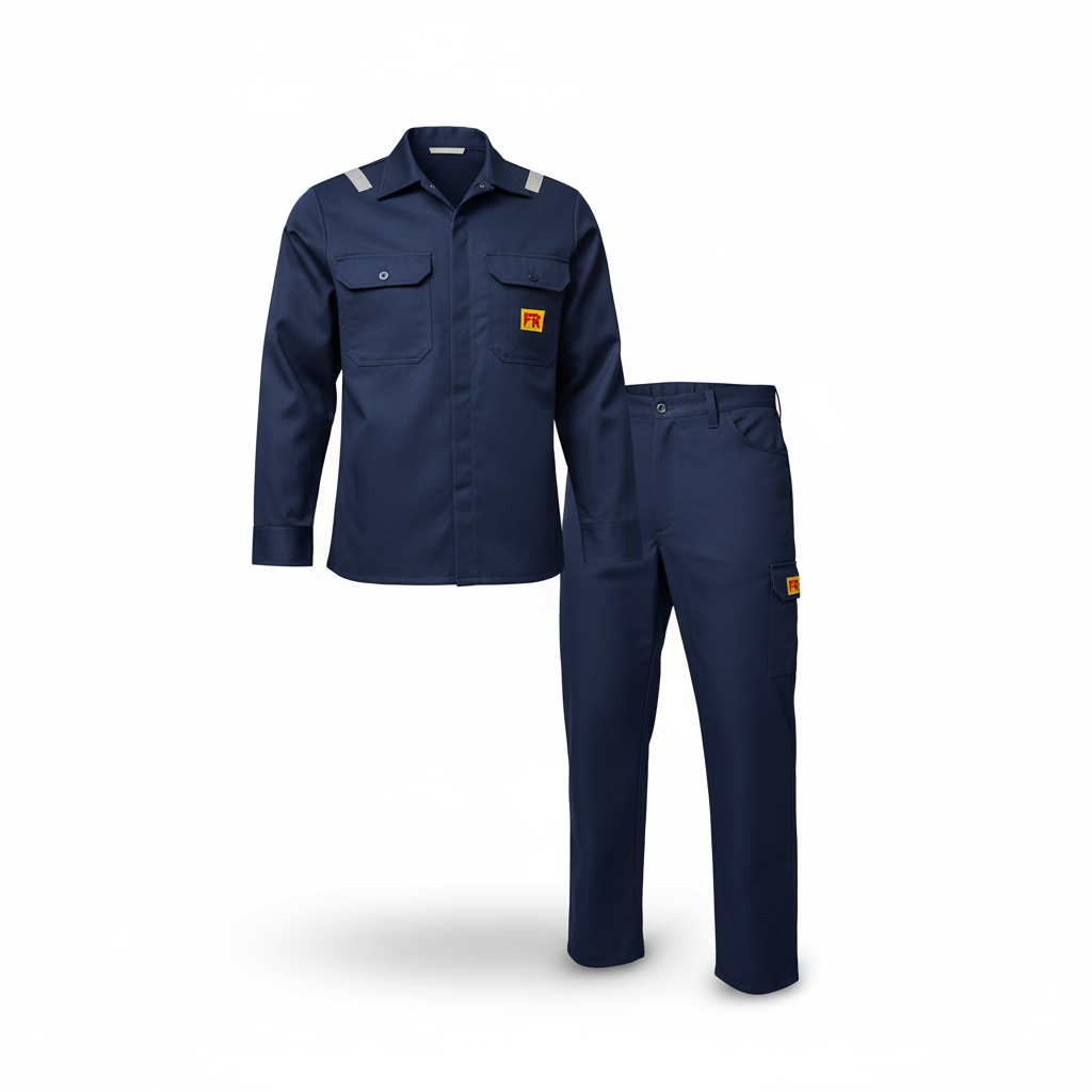 Full set of navy blue flame resistant (FR) workwear, including a shirt and pants or a coverall, showing mandatory safety stitching and reflective tape, on a white background.