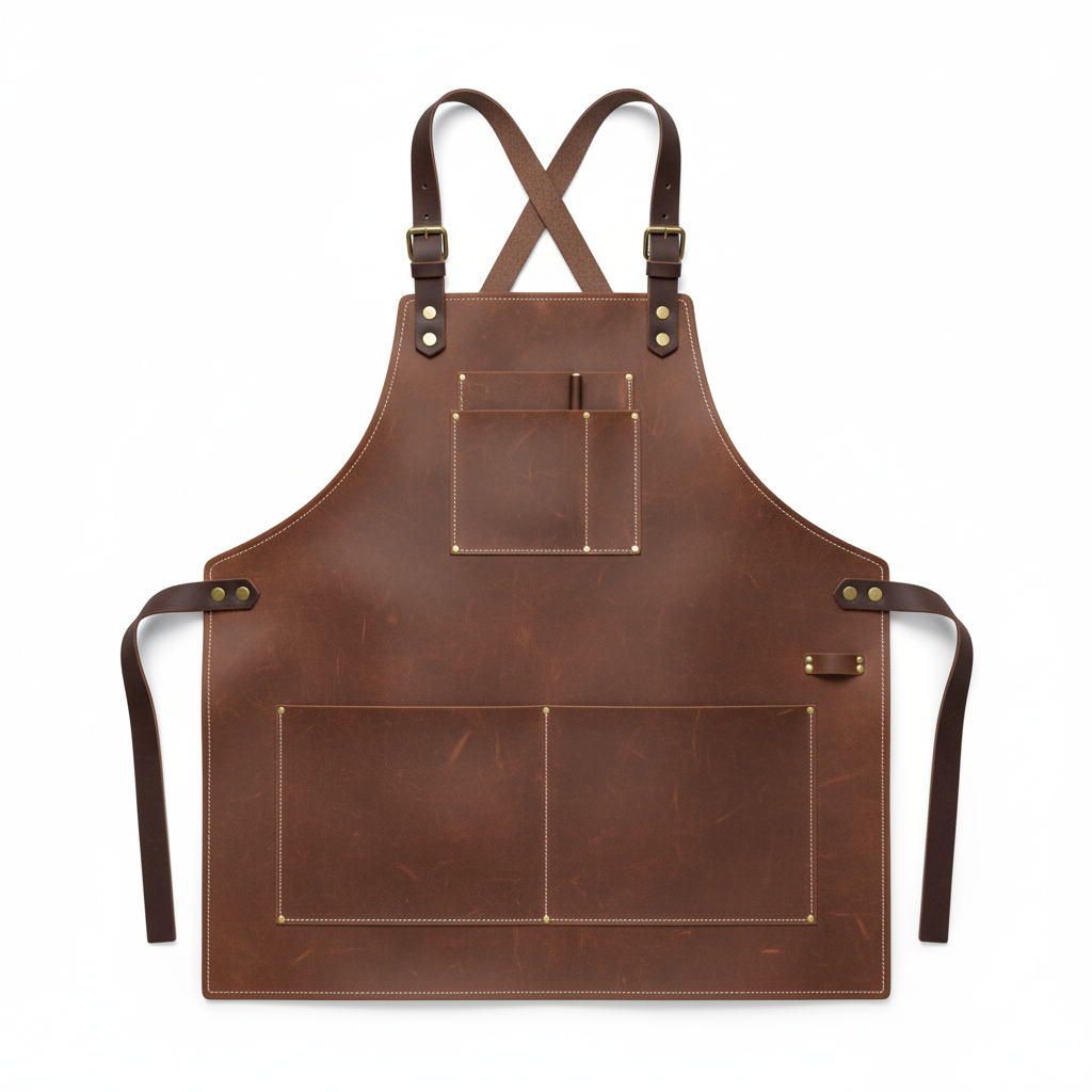 A durable brown leather or heavy-duty canvas work apron with multiple pockets and adjustable neck and waist straps, displayed on a pure white background.