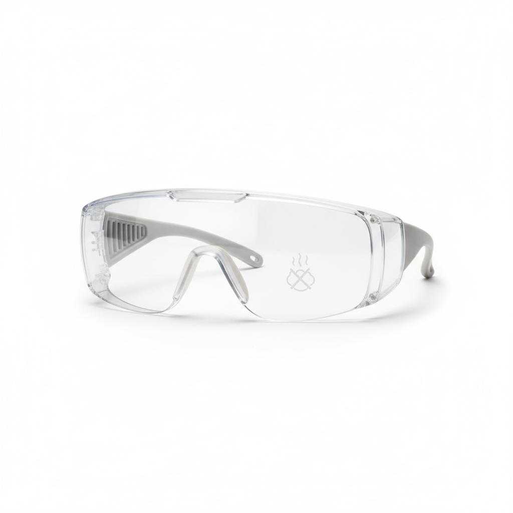 Clear anti-fog safety glasses with gray wraparound frames, designed for visual clarity in humid conditions, on a white background.