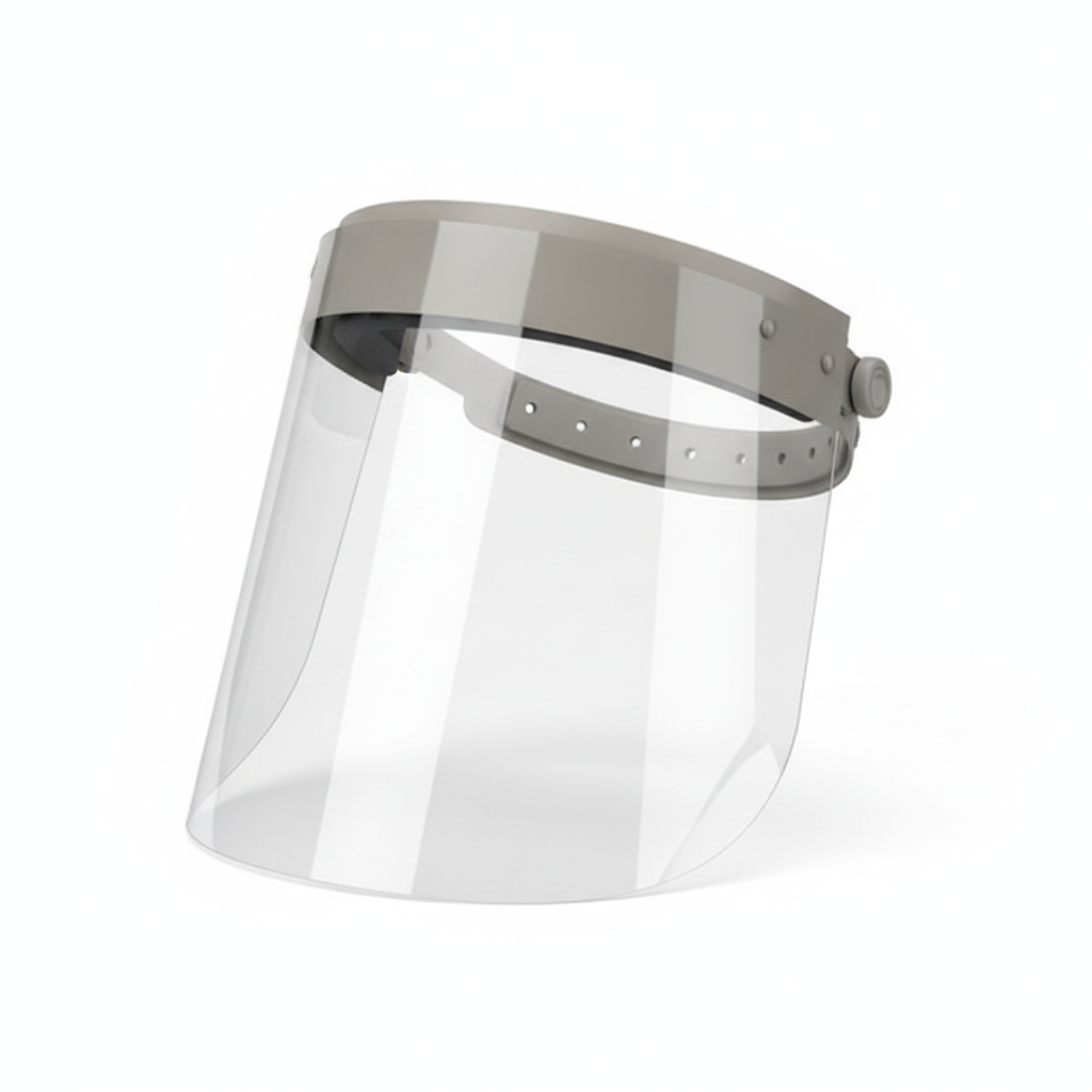 Clear wraparound safety glasses with integrated gray side protection on a pure white background.