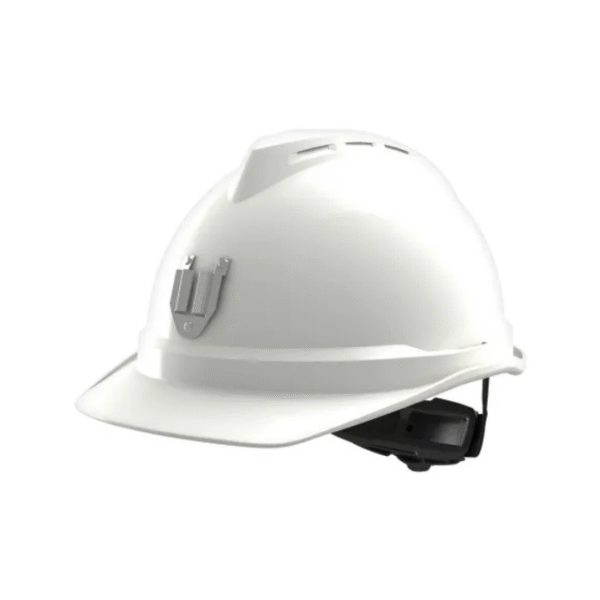 MSA-V-Gard-500-Safety-Helmet-non-vented-white-Fas-Trac-III-PVC-Front-Metal-lamp-bracket-rear-retention-clip-Starlink.