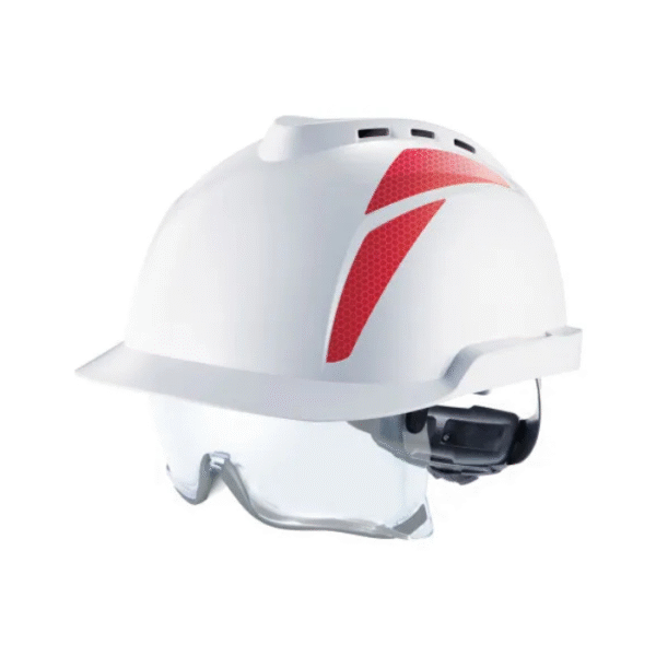 MSA-V-Gard-930-Safety-Helmet-vented-white-Fas-Trac-III-Foam-red-stickers-fitted-Starlink.
