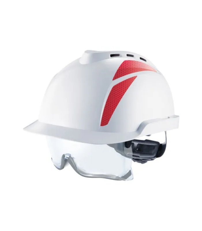 MSA-V-Gard-930-Safety-Helmet-vented-white-Fas-Trac-III-Foam-red-stickers-fitted-Starlink.