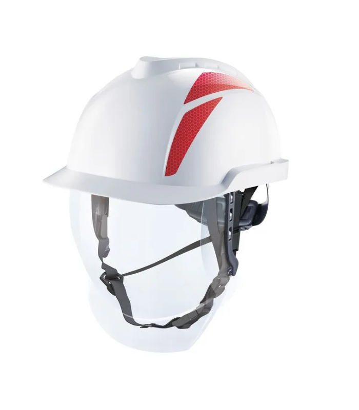 MSA-V-Gard-950-Safety-Helmet-Non-Vented-White-Red-Stickers-With-4-Point-Chinstrap-Fitted-And-Reusable-Bag-Starlink.