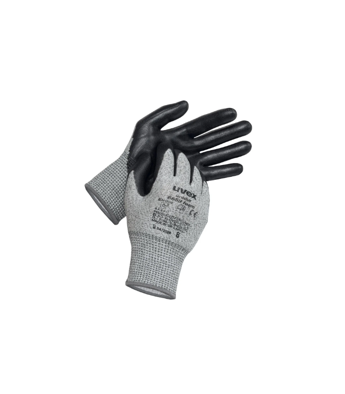 uvex Unidur 6659 Foam Cut Protection Gloves, Palm and Fingertips Coated, Gray & Black