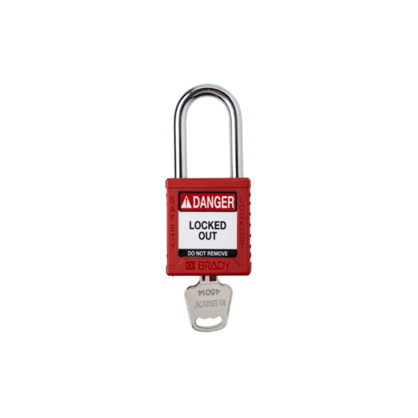 Brady® Nylon Safety Lockout Padlock, Keyed Different, Steel Shackle, Red
