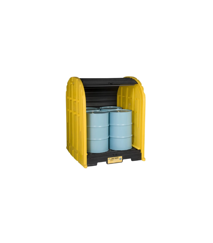 9DB789F6-0197-4ABA-8B57-8C63F83CEB67 EcoPolyBlend™ DrumShed™ With Rolltop Doors, Accommodates 4 Drums, Polyethylene