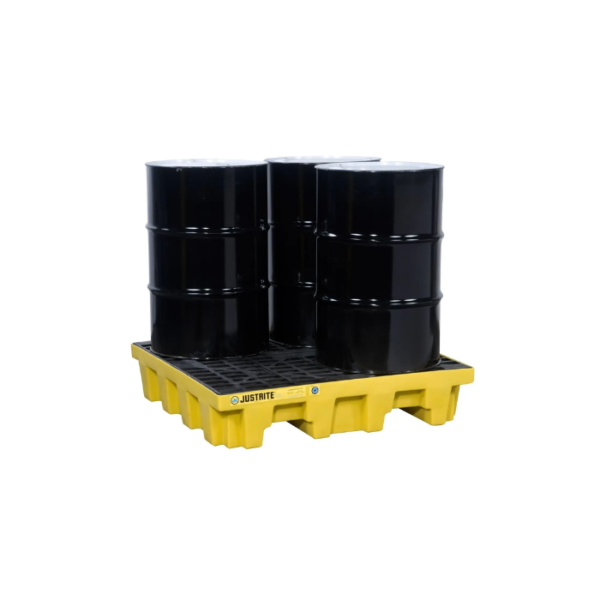 Justrite EcoPolyBlend™ Spill Control Pallet, 4 Drum Square, 73 gal Capacity, Recycled Polyethylene, Yellow