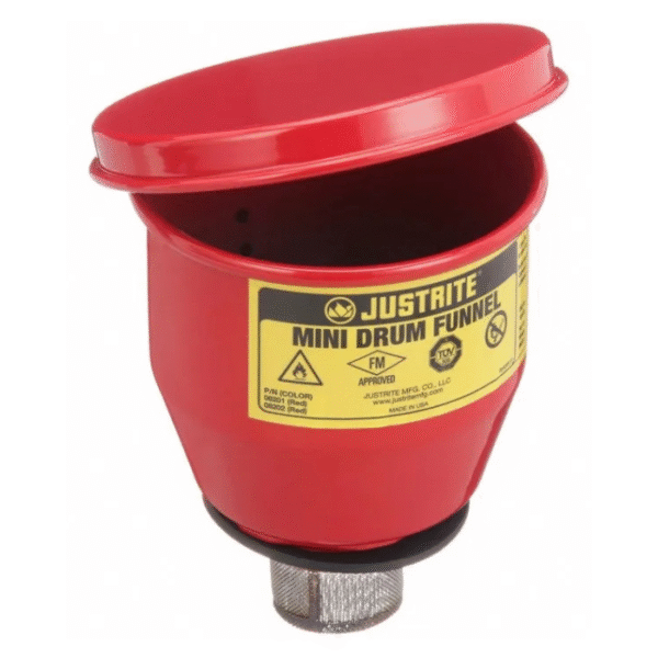 Justrite-4.5-Steel-Drum-Funnel-for-5-Gallon-Steel-Pails-Flame-Arrester-Manual-Close-Cover-2-Bung-Red-Starlink