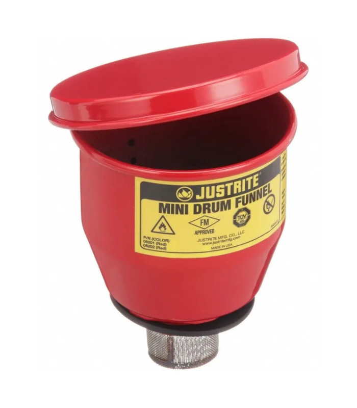 Justrite-4.5-Steel-Drum-Funnel-for-5-Gallon-Steel-Pails-Flame-Arrester-Manual-Close-Cover-2-Bung-Red-Starlink