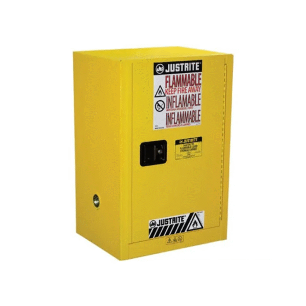 Justrite-Flammable-Cabinet-12-Gallon-Manual-Close-1-Door-1-Shelf-Sure-Grip-EX-Compac-Yellow-Starlink