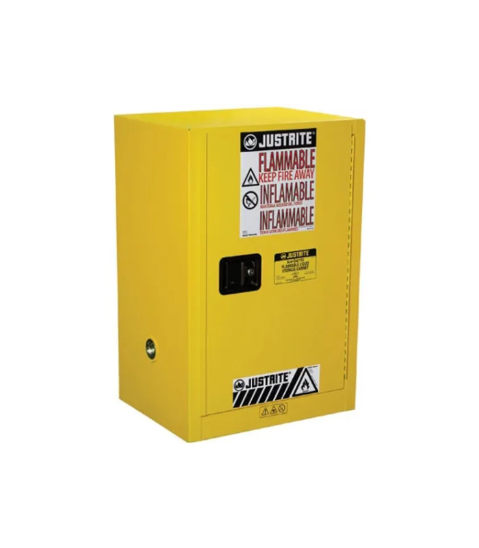 Justrite Flammable Cabinet, 12 Gallon, Manual Close, 1 Door, 1 Shelf, Sure-Grip EX Compac, Yellow-Starlink Justrite-Flammable-Cabinet-12-Gallon-Manual-Close-1-Door-1-Shelf-Sure-Grip-EX-Compac-Yellow-Starlink